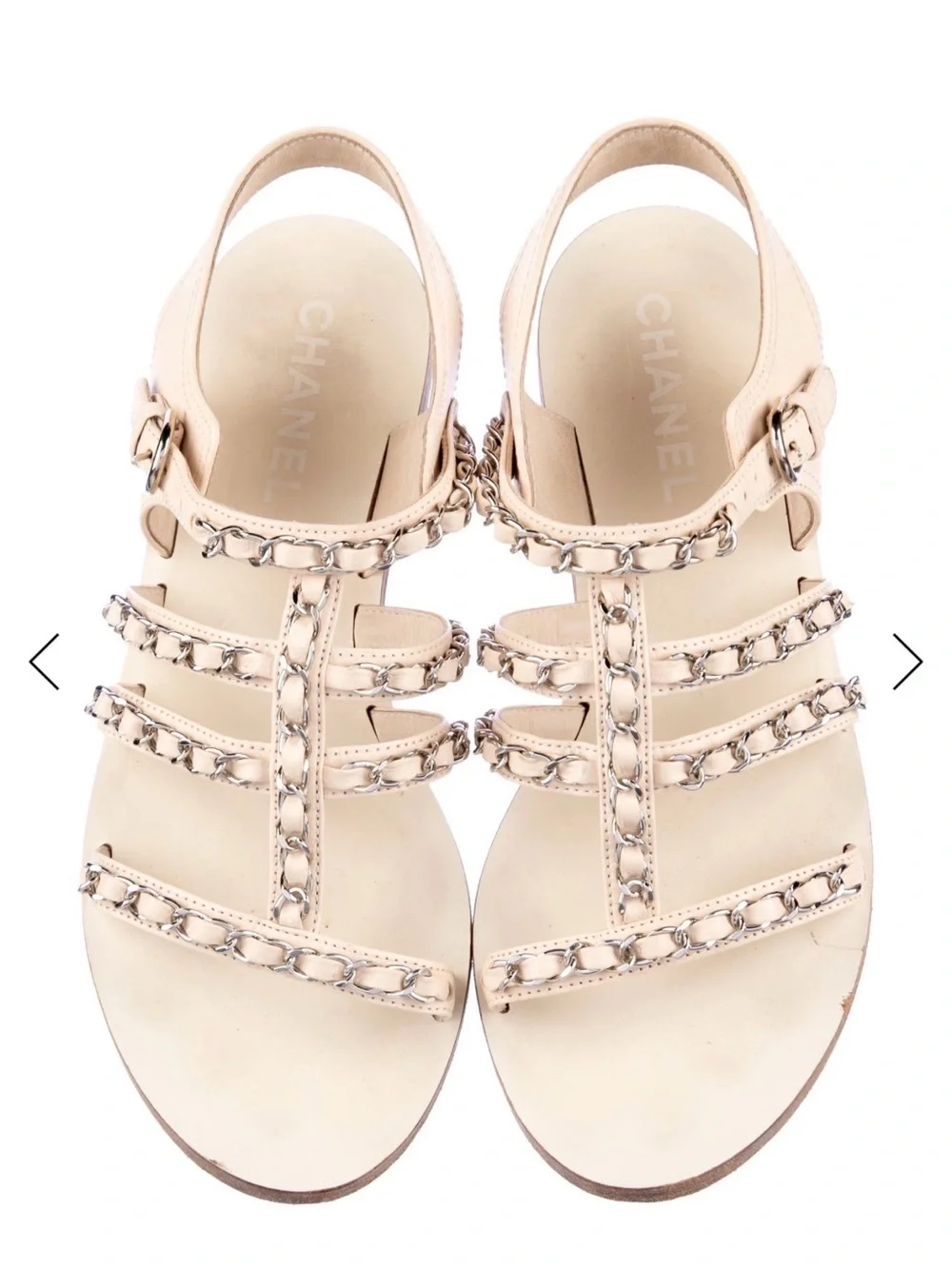CHANEL Nude Leather Chain-Trim Slingback Sandals